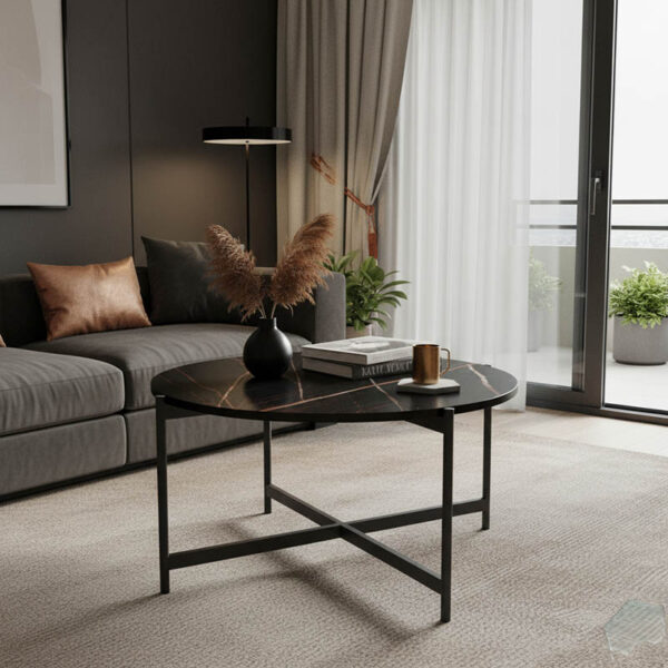 Τραπεζάκι σαλονιού Aisle pakoworld μελαμίνης μαύρο μαρμάρου-μαύρο μέταλλο Φ80x45εκ  230-000038