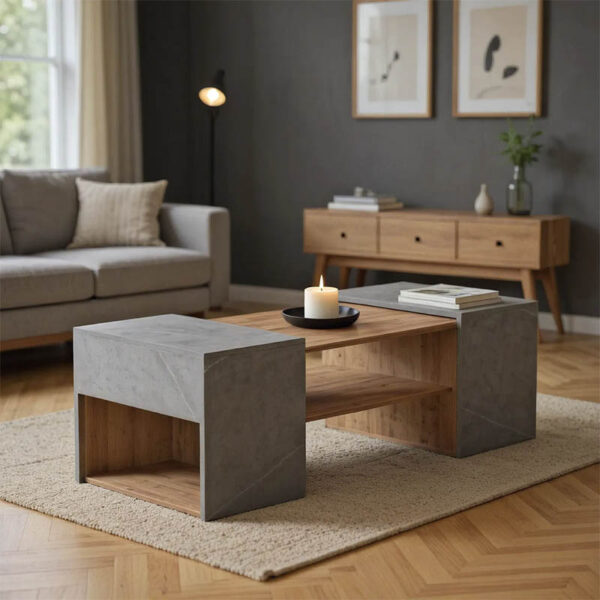 Τραπέζι σαλονιού Morfi pakoworld πολυμορφικό 3τεμ σε oak-μπεζ μαρμάρου απόχρωση 105x45x37εκ.  230-000087