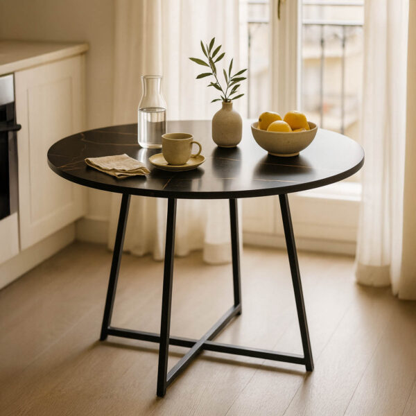 Τραπέζι Sarah Ι pakoworld σε μαύρο μαρμάρου απόχρωση με μαύρα μεταλλικά πόδια Φ100x76εκ.  230-000094