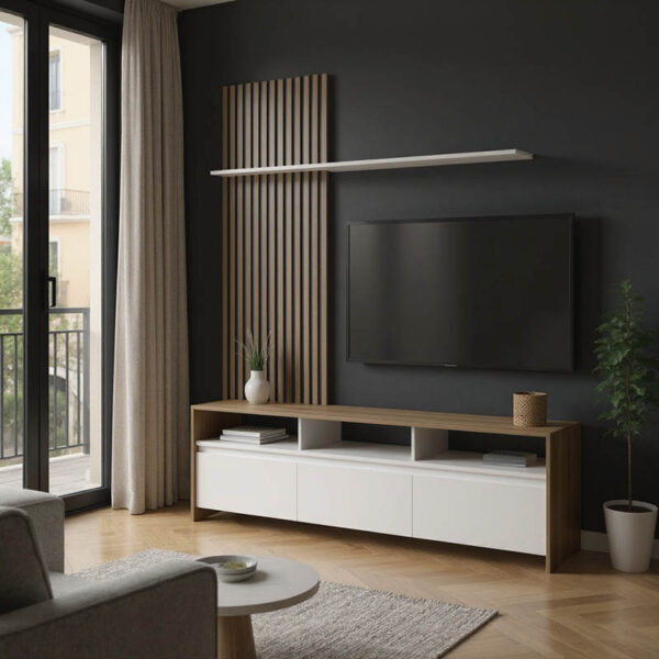 Σύνθετο σαλονιού Delfina pakoworld σε sonoma με λευκή απόχρωση 190x40x199.5εκ.  230-000103