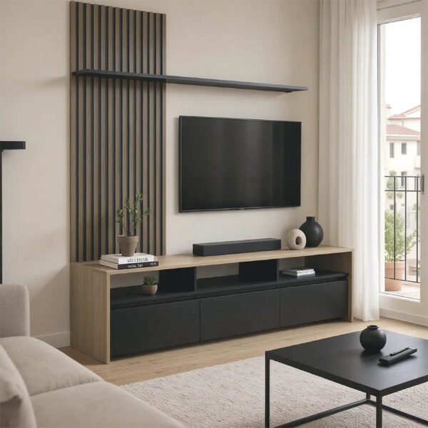 Σύνθετο σαλονιού Delfina pakoworld σε sonoma με μαύρη απόχρωση 190x40x199.5εκ.  230-000104