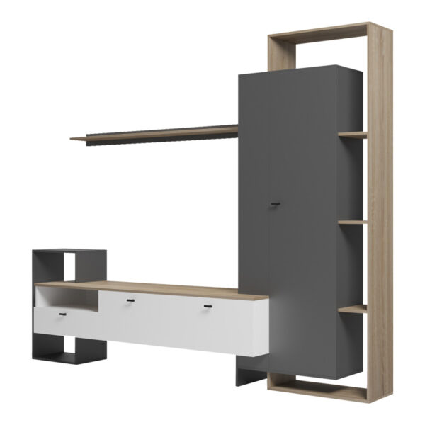 Σύνθετο σαλονιού Ferefia pakoworld σε sonoma με λευκή και ανθρακί απόχρωση 240x45.5x189.5εκ.  230-000105