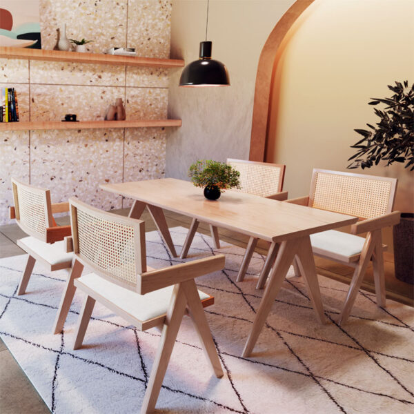 Πολυθρόνα Winslow pakoworld ξύλο rubberwood ανοικτό καρυδί-pvc rattan φυσικό-ύφασμα γκρι.  247-000004