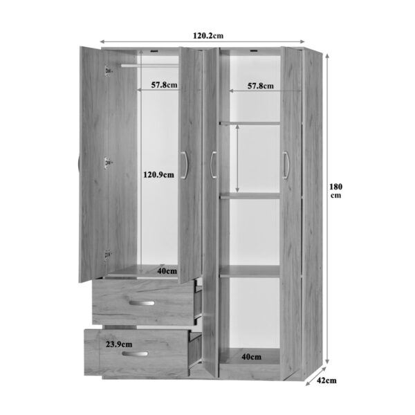 249-000076-4 Ντουλάπα ρούχων τετράφυλλη Zelia pakoworld με 2 συρτάρια σε oak απόχρωση 120x42x180εκ 249-000076