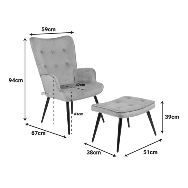 Πολυθρόνα με υποπόδιο Siella pakoworld μαύρο βελούδο και μαύρο μέταλλο πόδι 59x67x94εκ.  255-000079