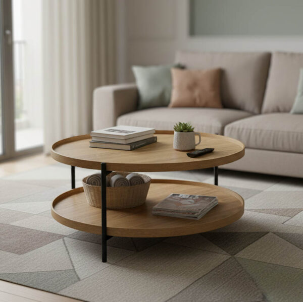 Τραπέζι σαλονιού Portogie pakoworld mdf φυσικό-μέταλλο μαύρο Φ80x40εκ.  260-000019