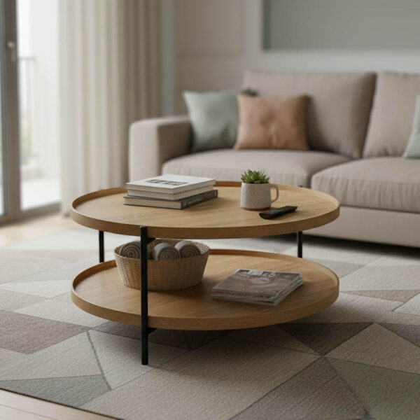 Τραπέζι σαλονιού Portogie pakoworld mdf φυσικό-μέταλλο μαύρο Φ80x40εκ.  260-000019