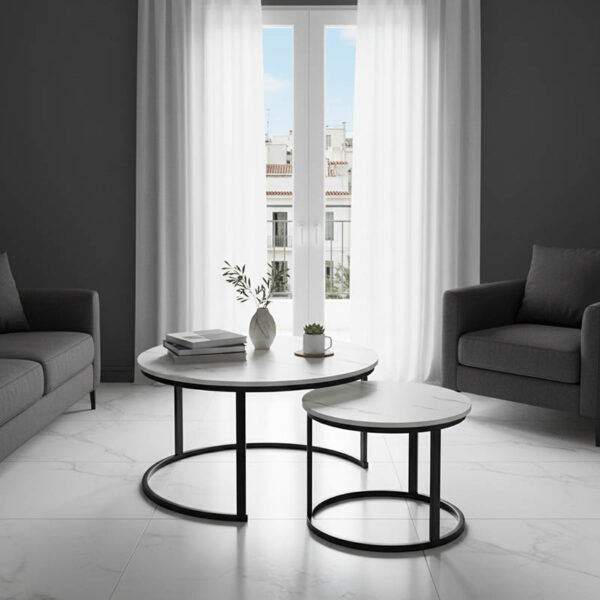 Τραπέζια σαλονιού Solme I pakoworld 2τεμ σε λευκή μαρμάρου απόχρωση με μαύρα μεταλλικά πόδια.  271-000045
