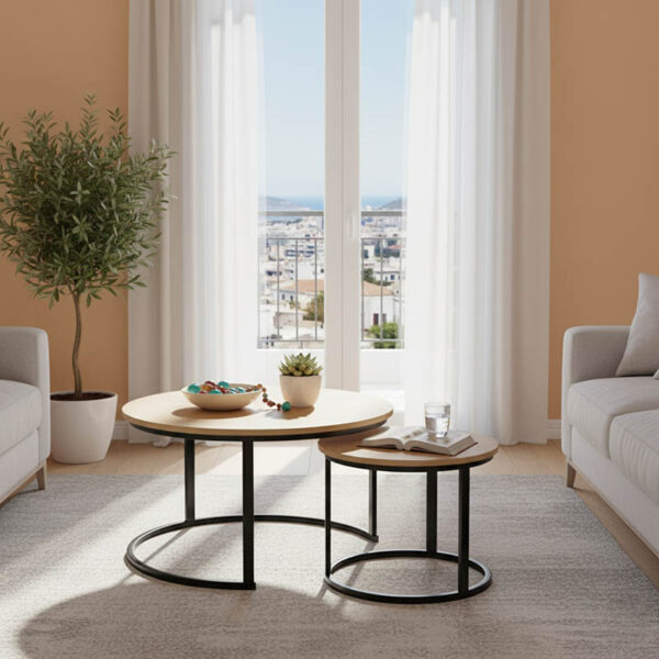 Τραπέζια σαλονιού Solme I pakoworld 2τεμ σε oak απόχρωση με μαύρα μεταλλικά πόδια.  271-000046