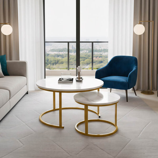 Τραπέζι σαλονιού Revelon pakoworld σετ 2τεμ mdf σε απόχρωση λευκού όψης μαρμάρου 80x80x45εκ.  292-000096