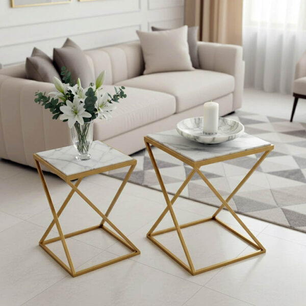 Βοηθητικά τραπεζάκια σαλονιού σετ 2τεμ Zoliene Inart χρυσό μέταλλο-λευκό μαρμάρου.  352-000003