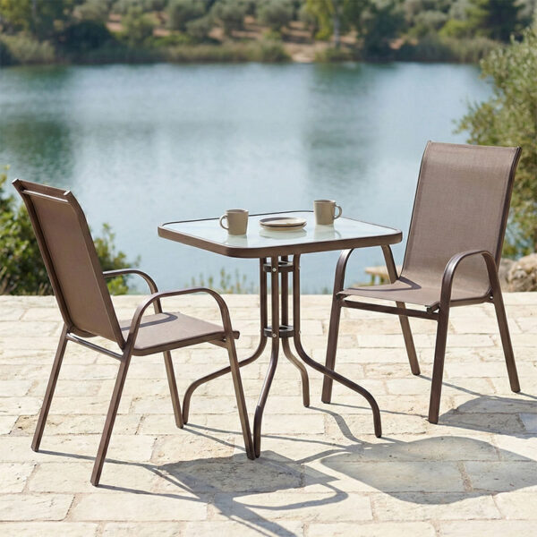 Τραπεζαρία Watson-Calan σετ 3τεμ pakoworld μέταλλο-textilene καφέ 70x70x70εκ.  130-000046