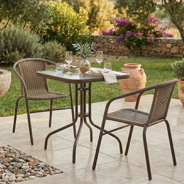 Tραπεζαρία Obbi-Watson pakoworld σετ 3τεμ καφέ μέταλλο-pe rattan 60x60x70εκ.  130-000085