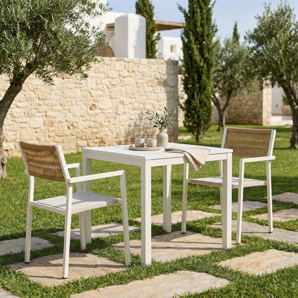 200-000788 Τραπεζαρία Savor-Kliton σετ 3τεμ pakoworld λευκό αλουμίνιο και rattan σε φυσικό χρώμα 80x80x74εκ. 200-000788