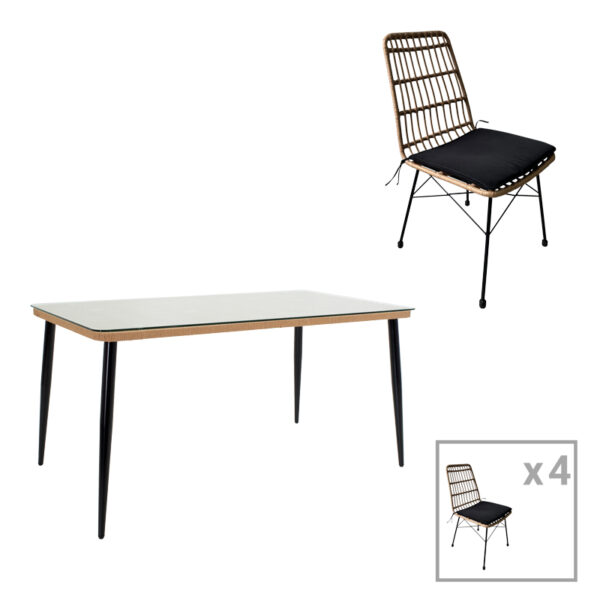 200-000964 Τραπεζαρία Naoki U σετ 5τεμ pakoworld rattan pe σε φυσική απόχρωση και μαύρο μέταλλο 160x90x78εκ. 200-000964
