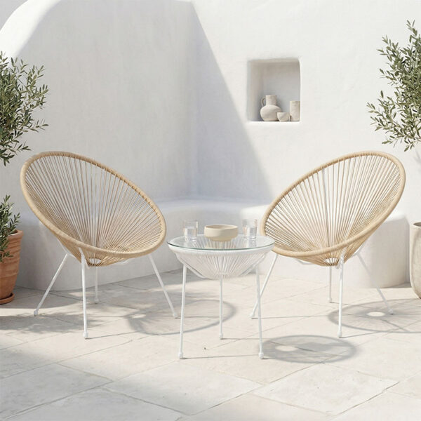 200-001633 Σαλόνι Εξωτερικού Χώρου Acapulco pakoworld Σετ 3τεμ pe rattan σε φυσική απόχρωση με λευκό μέταλλο Φ50x52εκ. 200-001633